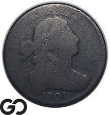 Gros centime 1801, buste drapé, très rare ancien survivant américain en cuivre