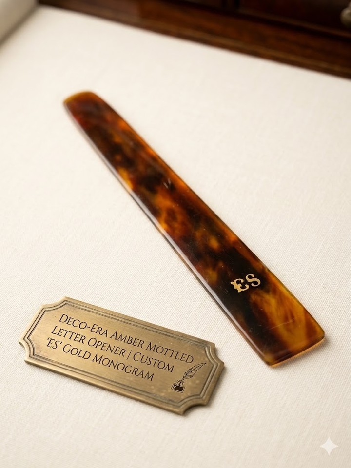 Antique Art Deco Letter Opener Gold Monogram ES Amber Celluloid Desk Accessory 7