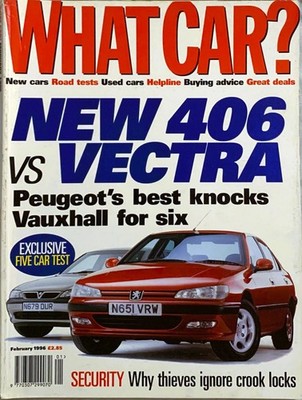 WHAT CAR? MAGAZINE FEB-1996- Range Rover, Jaguar XJ6, Peugeot 406, Corsa, Fiesta