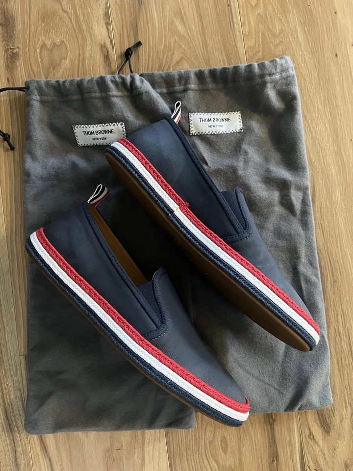 Size 8 Thom Brown Men’s Striped Trim Espadrilles Coated Blue Canvas - Image 2 of 4