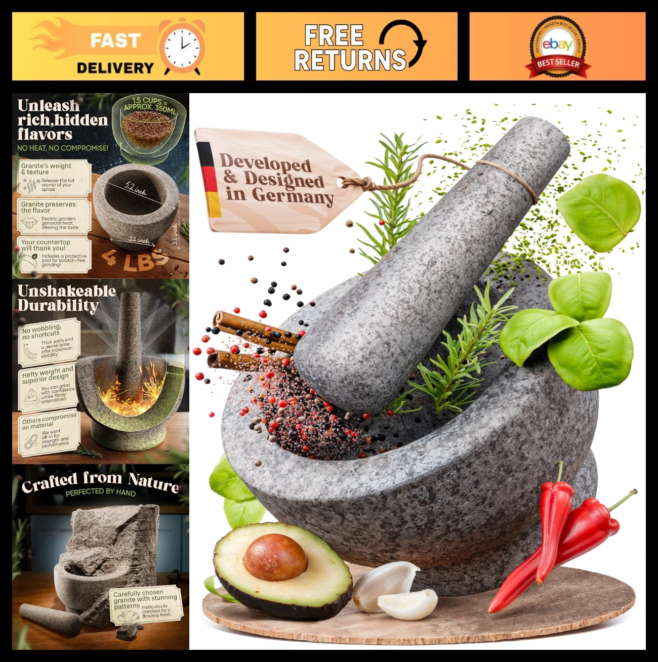 1.5 Cup Mortar and Pestle Set - Unpolished Heavy Granite for Enhanced Performanc