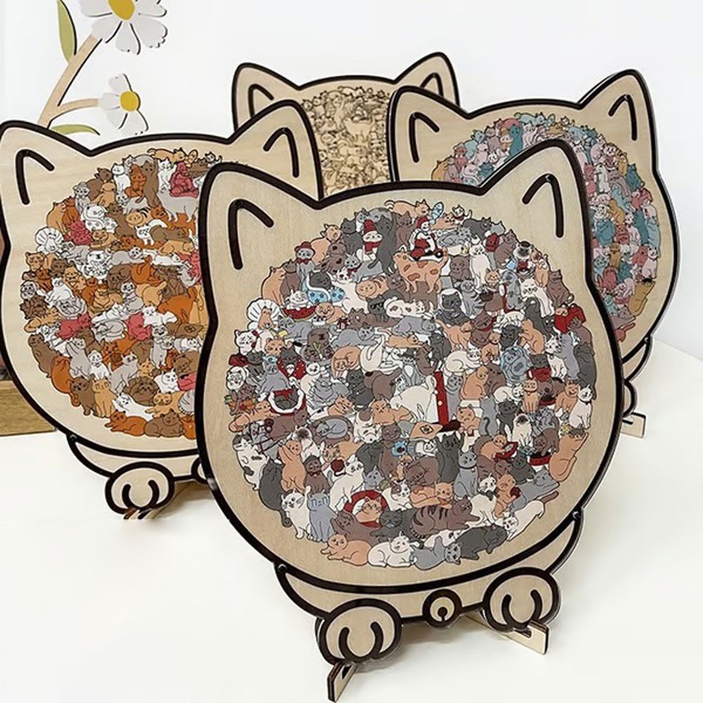 135-Piece Morandi-Colored Cat Shaped Wooden Jigsaw Puzzle Unique