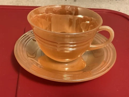 vintage Fire-King 3-band peach luster cup & saucer, nice
