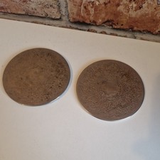 Pair Vintage Embossed Metal Drink Coasters Floral Scroll Design