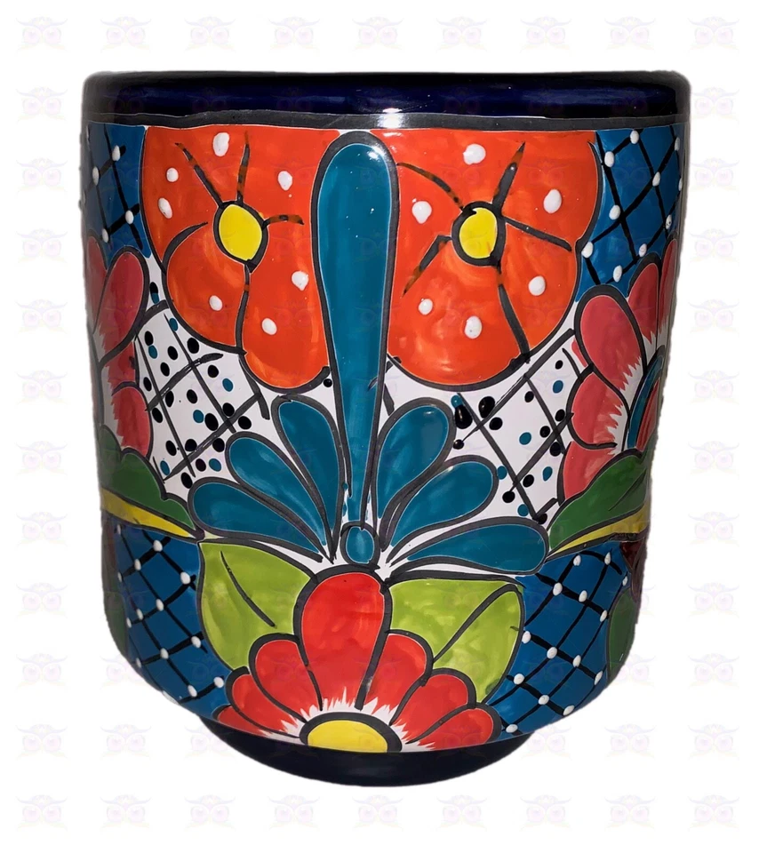XOOCH MEXICO Talavera Blumentopf CAMPECHE ZYLINDER dunkelblau Gross Kunsthandw. - Bild 2 von 4