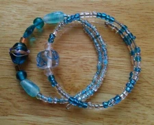 2 Beaded Bracelets Blue Gold Expandable Wrap Aqua Stones Women's Jewelry