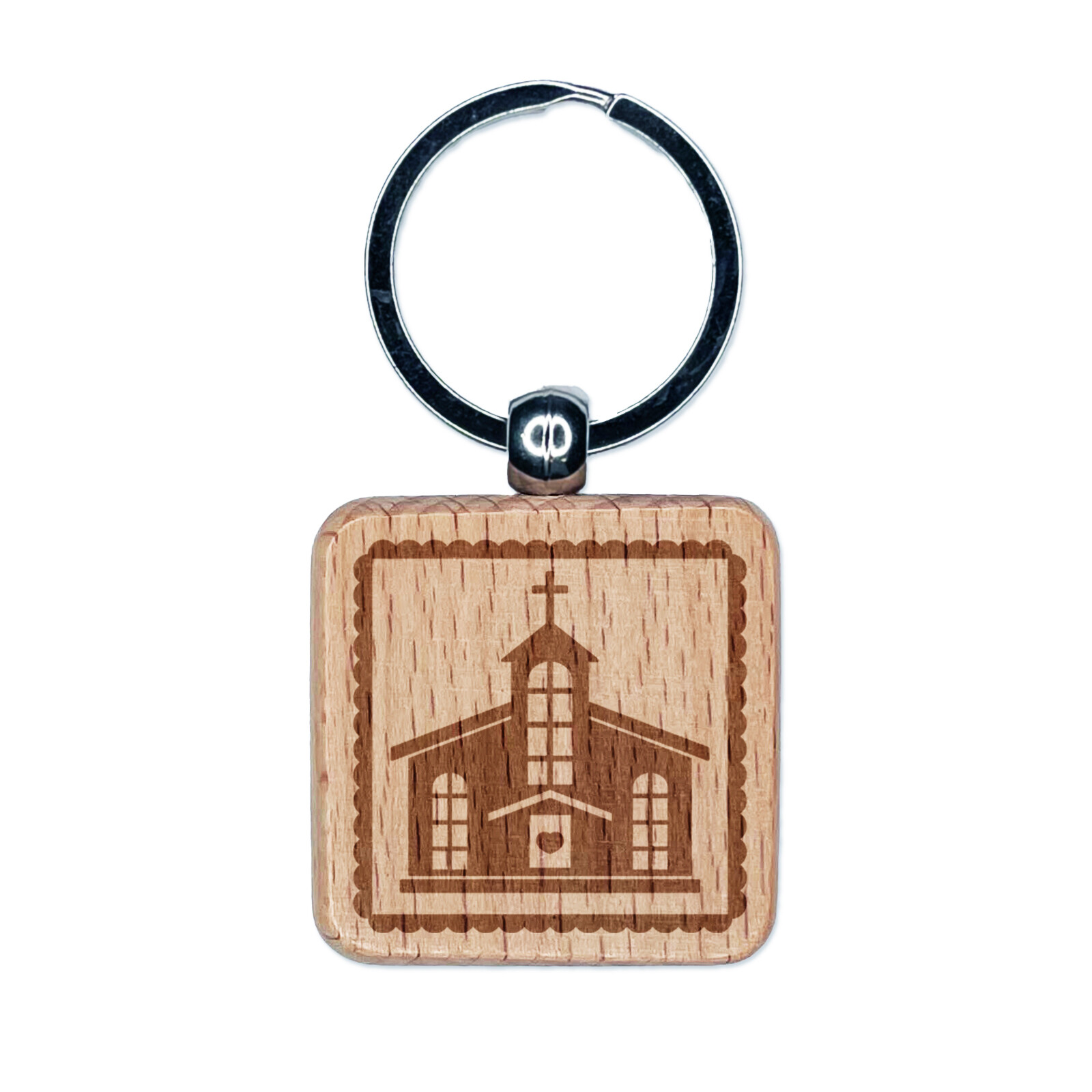 Holy Chapel Church Silhouette Scalloped Wood Keychain