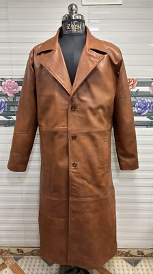 Men's Vintage Brown Trench Coat Genuine Lambskin Leather Long Coat
