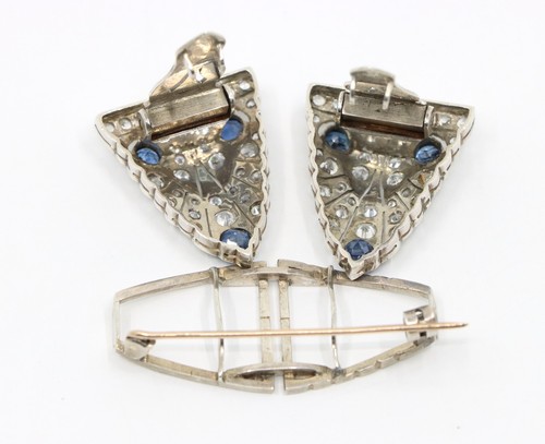14K Gold & Sterling Blue White Sapphire Clips Brooch - Picture 10 of 13