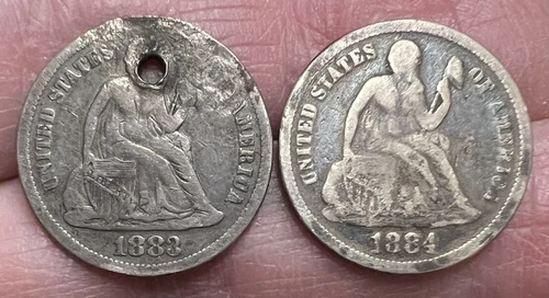 1883 & 1884 Seated Liberty Dimes 10c Lot of 2 Silver US Coins (1883 is Holed)