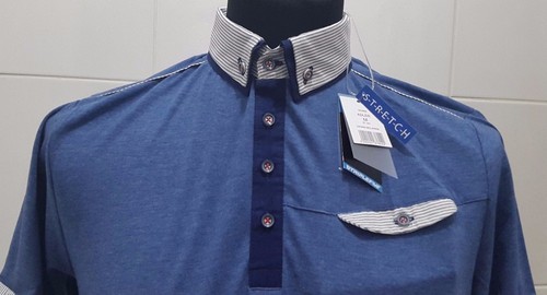 NEW Duke D555 ADLER Stretch S/Sleeved Button Collar Polo Shirt, Denim Melange - Picture 3 of 7