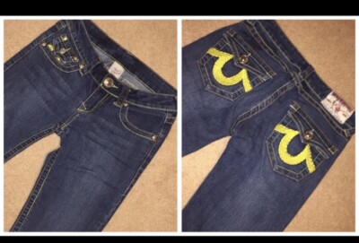 VINTAGE True Religion Joey Super T Yellow Stitch Flare Denim Jeans