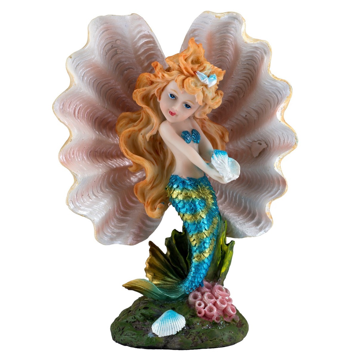 Mermaid blue big shell完売しました Blue Mermaid Girl In Clam Shell Holding Seashell Figurine 6.75