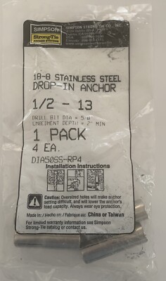 1/2-13'' Stainless Steel Drop-In Anchor  package of 4        18-8 stainless steel