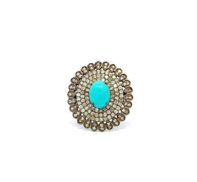 Victorian Style Brand New Ring with Turquoise and Pave Diamond in 925 Sterling 