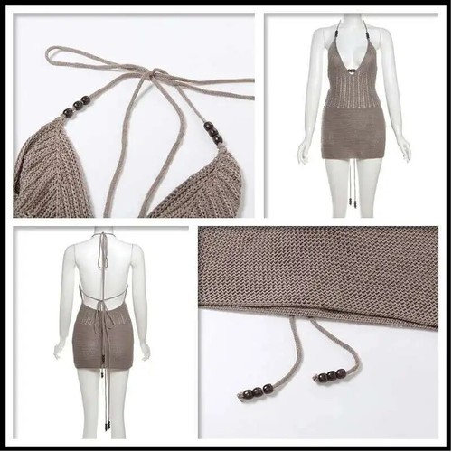 Slim Bodycon Strickkleid Damen Neckholder Mini 2025 Sommer Sexy Rückenfrei Kleid - Bild 22 von 30