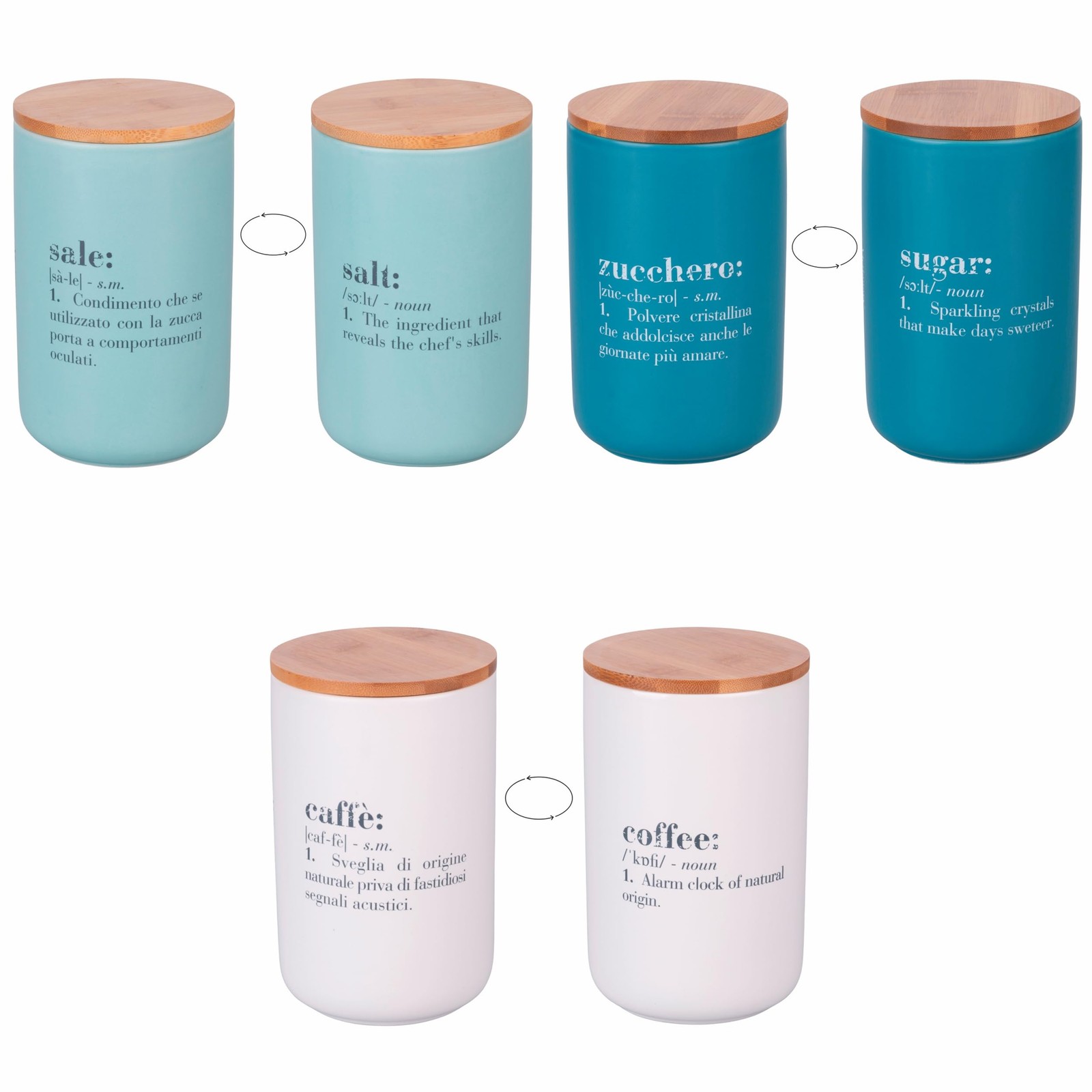 Tris Barattoli Ceramica 1 Litro con Tappo Bambù - Sale Zucchero Caffè