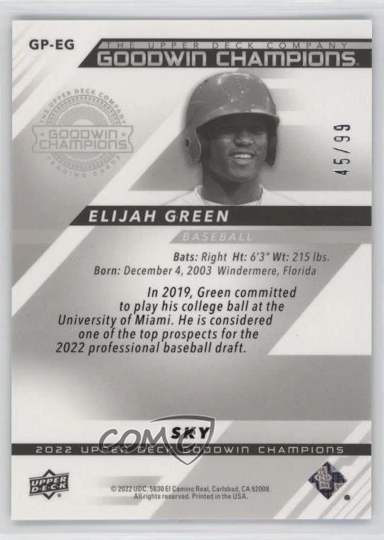 2022 Upper Deck Goodwin Champions Platinum High Series Sky /99 Elijah Green - Image 2 of 2