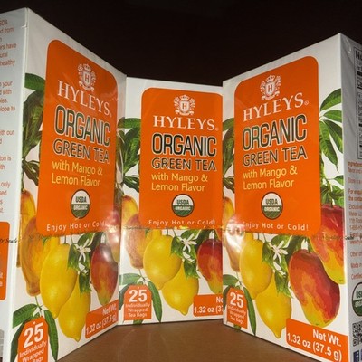 HYLEYS ORGANIC GREEN TEA w MANGO & LEMON FLAVOR 3 Boxes-75 Tea Bags BB:11/2026