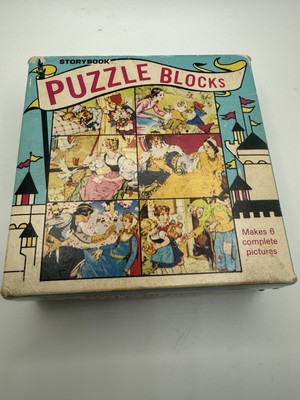 Vintage Fairy Tales wood picture block 6 puzzles. Made in Japan