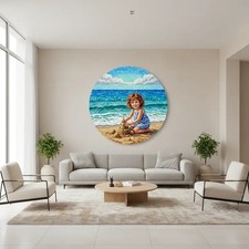 Round Beach Mosaic Wall Art Smiling Girl Sandcastle Ocean Decor Canvas Print