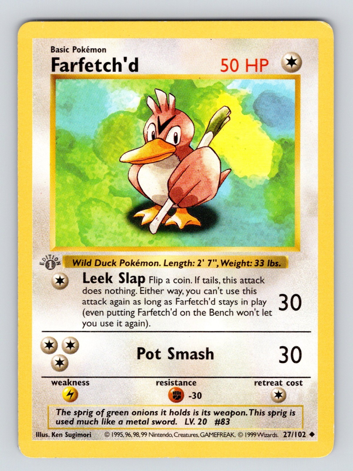 LP Farfetch'd 27/102 Base Set 1st Edition Shadowless, 1999 WOTC Vintage Pokemon