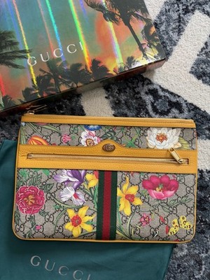 Gucci GG Supreme Monogram Flora Large Ophidia Pouch Clutch Beige Multicolor Crop