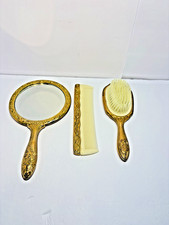 Gold Plated Vanity Accessory Set  Hand Mirror, Comb and Brush Vintage 70s MCM