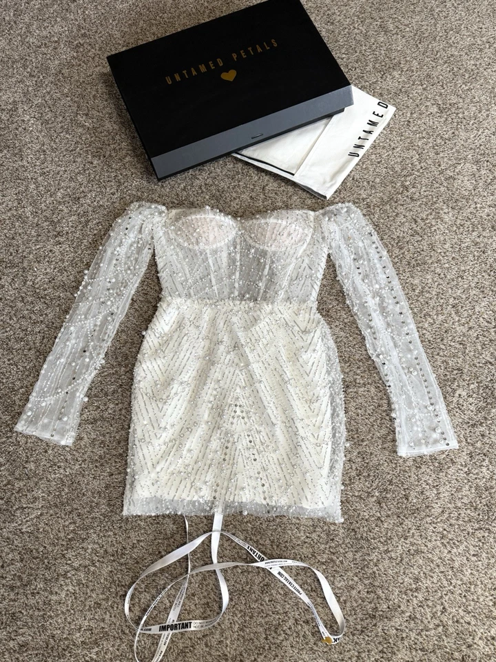 UNTAMED PETALS BRIDAL MINI DRESS: Off the shoulder pearl embellishments - Image 2 of 4