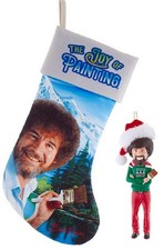 Bob Ross Santa Hat Figure Ornament and Joy Of Painting Christmas Stocking