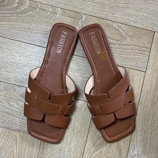 Tan Brown Cut Out Flat Sliders | Square Toe