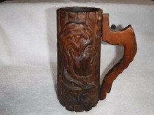 Vintage Hand Carved Wood Tankard Nailed Handle Stein Primitive Rustic Folk Art