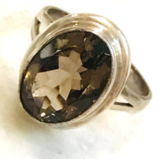 VTG Sterling Silver Smoky Quartz Ring 14.5mm x 11mm Oval 925 Bezel Boho Sz 8