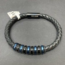 Geoffrey Beene Men's Braided Black Blue Leather Bracelet Magnetic Closure new