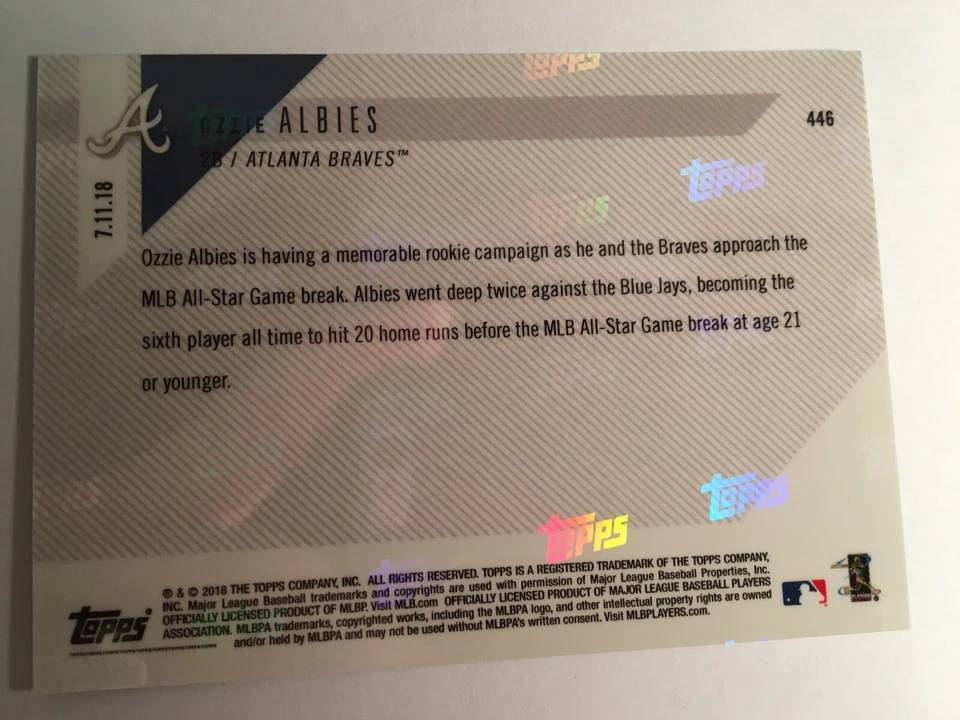 2018 Topps Now Online Exclusive Ozzie Albies Braves RC 446 20 HR's - Image 2 of 2
