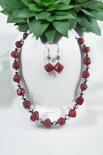 Chunky Red Bamboo Coral stone and silver Beads Necklace and Earrings Set
