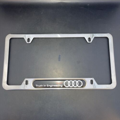 Audi Logo TRUTH IN ENGINEERING Chrome Metal License Plate Frame BLACK BADGE - Afbeelding 1 van 5