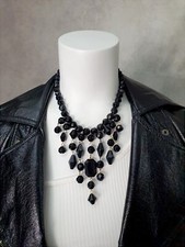 Vintage Jeweled Black Beaded Lucite Dangle Fringe Bib Choker Necklace 16"
