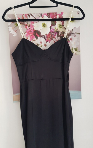 Zara Black Satin Midi Dress, Size S UK 8-10 New Pearl Straps Slit - Picture 5 of 13