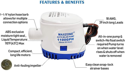 MAXZONE Automatic Submersible Boat Bilge Water Pump 12V 1100Gph Auto with Float - Picture 3 of 9