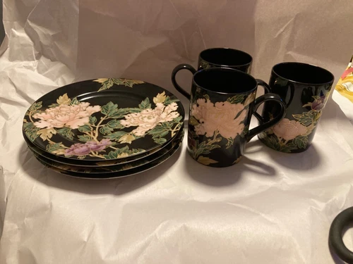 7pcs Vintage Fitz and Floyd Jim hiCloisonne Peony Black Pink Gold Outline FF75