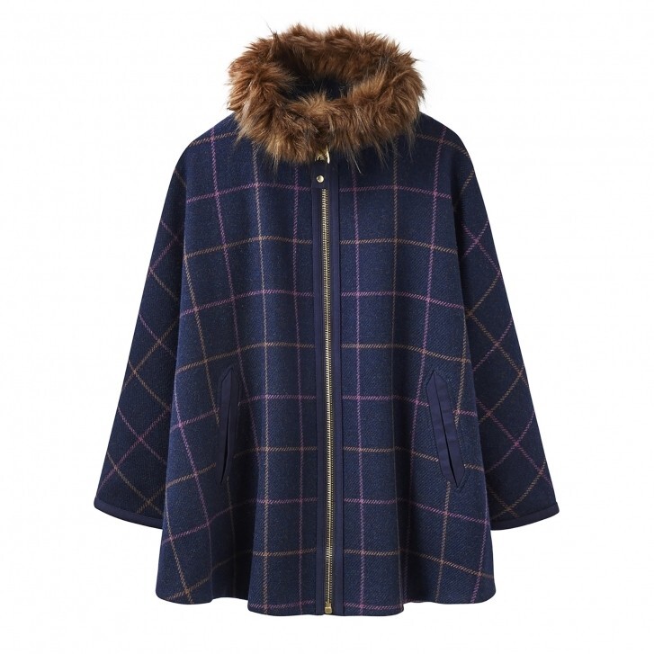 Cool&D Damesponcho met cape; gebreide winterjas met kraag van imitatiebont, One size