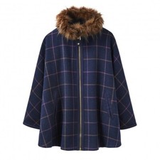 JOULES CONTESSA TWEED CAPE COAT SIZE L  Blue FAUX  FUR COLLAR Swing Windowpane 