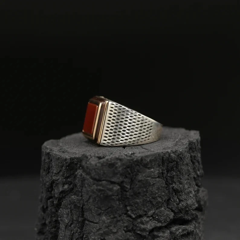 Anillo Plata Ágata Rojo Esterlina 925 Aqeeq Natural Hombre Sello Hecho a Mano Anillo Foto 4 de 4
