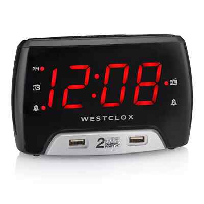 Westclox Large 1.4  Red LED Digital FM Clock Radio 2 USB Port with Fast Charge