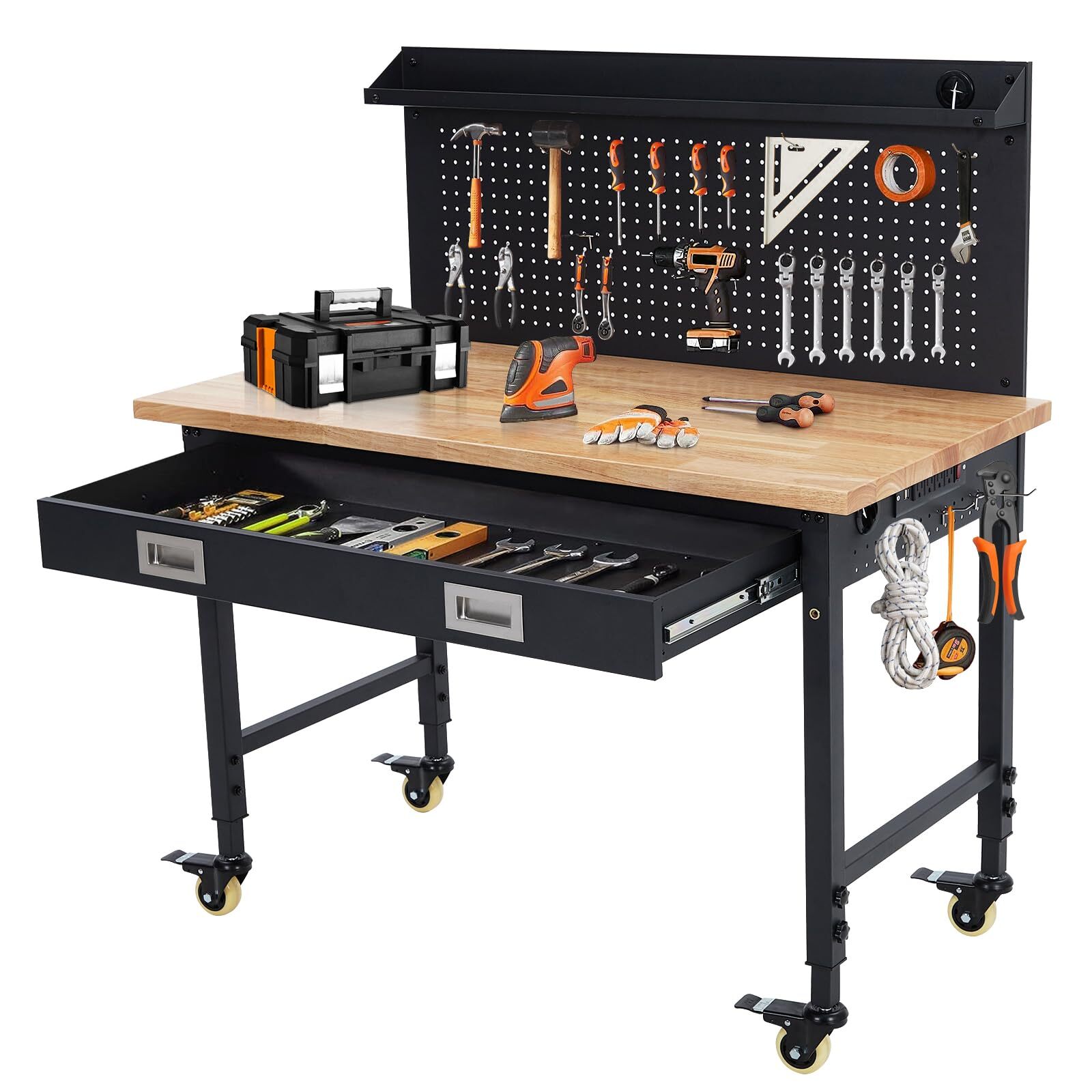 48" Adjustable Height Workbench Heavy Duty Workstation Garage with Power Outlets