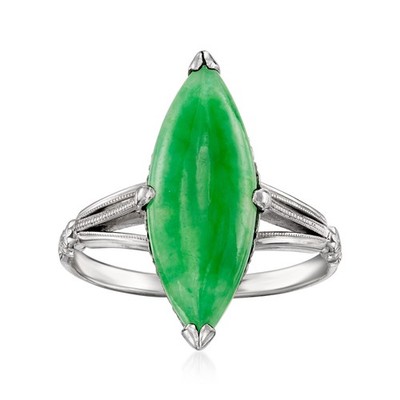 Vintage Jade Navette Ring in Platinum. Size 7