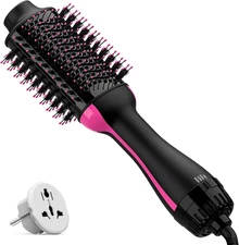 Dual Voltage Hair Dryer Brush with Negative Ion Anti-Frizz Styler - Hot Air Volu