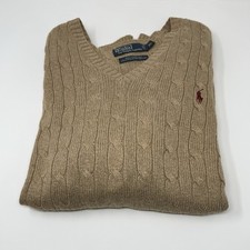 Vtg 90s Polo Ralph Lauren Cable-Knit Tussah Silk Sweater V-Neck XL Beige Khaki
