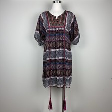 Angie Boho Print Embroidered Mini Dress Tunic Top Size M Hippie Puff Sleeves